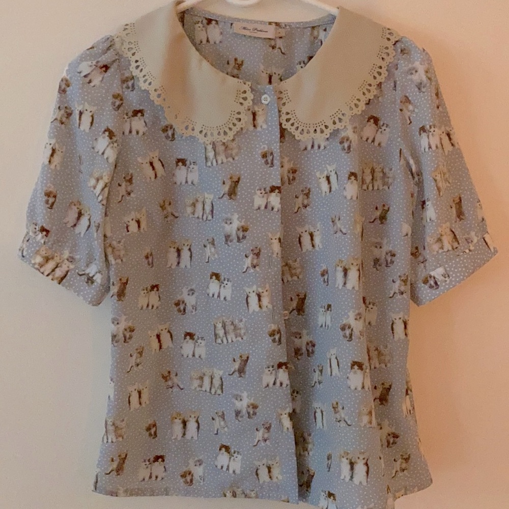 Button down lace collard cat shirt